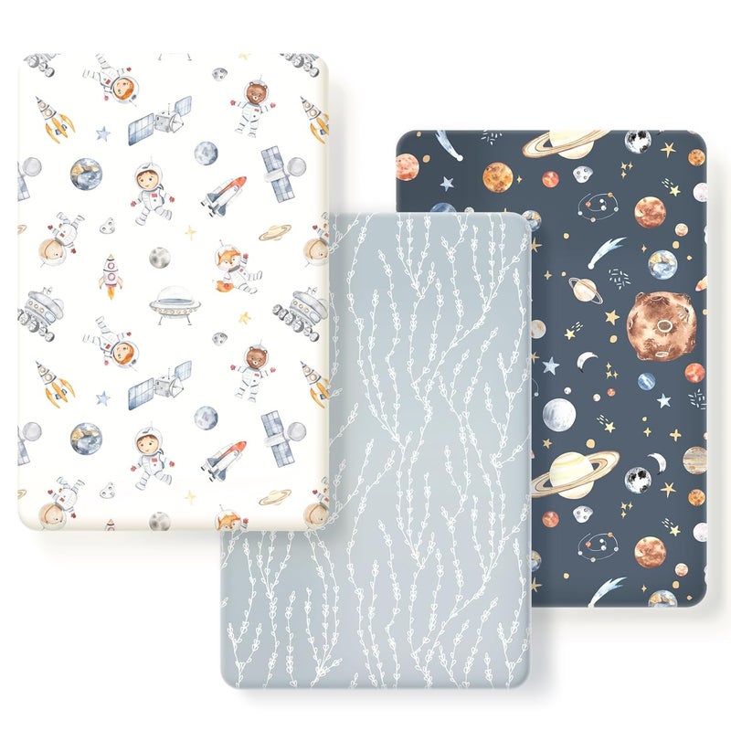 GRSSDER Pack n Play Sheets Fitted 3 Pack, Stretchy Ultra Soft Jersey Knit Pack and Play Sheets, Universal Fitted Portable/Mini Crib Mattresses Snug and Safe, Space Stylish Print - Image 2